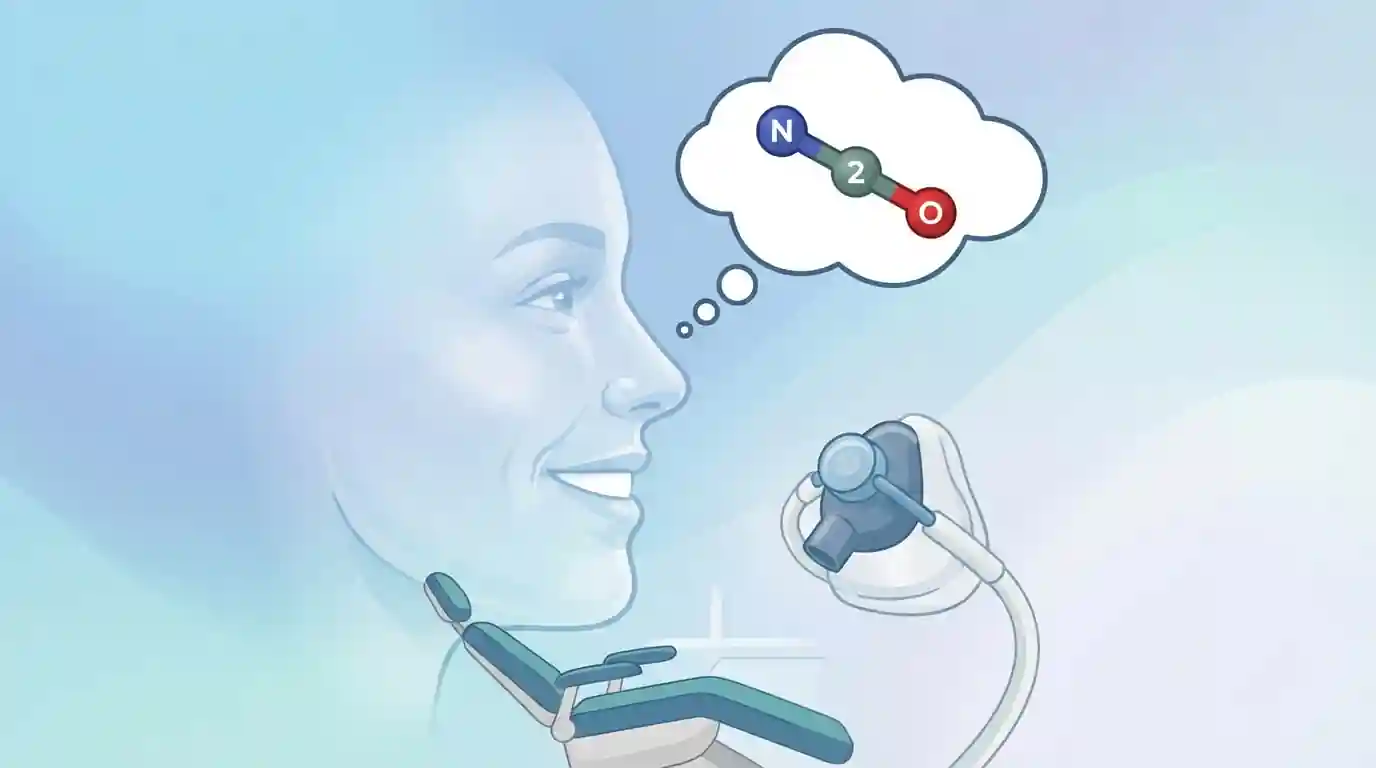 Ilustrasi pasien di kursi dental dengan masker nitrous oxide (gas tertawa/N2O)