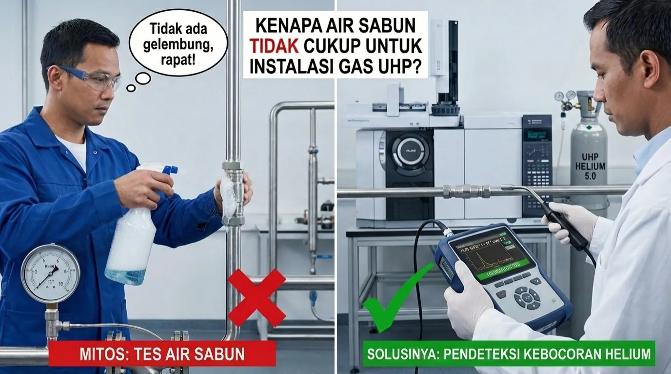 Mengapa Air Sabun Tidak Cukup? Pentingnya Helium Leak Detector untuk Instalasi Gas UHP (Ultra High Purity)