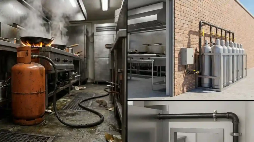 Perbandingan bahaya instalasi gas selang karet digigit tikus di dapur komersial versus solusi instalasi gas sentral pipa black steel outdoor yang aman.