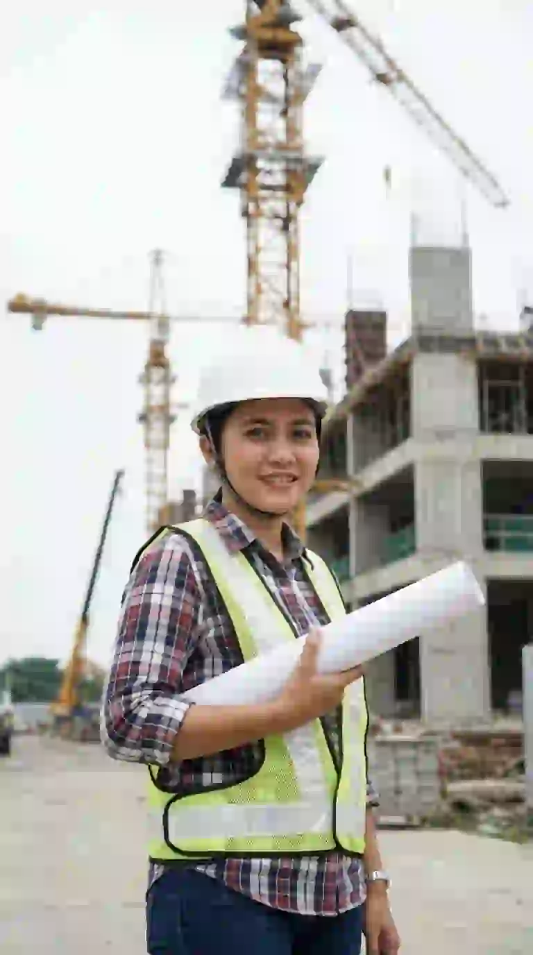 Insinyur wanita memegang gambar kerja di lokasi proyek konstruksi gedung rumah sakit