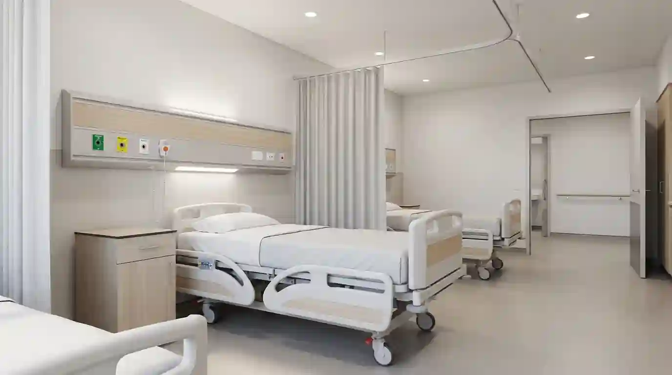Render kamar rawat inap rumah sakit modern dengan beberapa tempat tidur sesuai standar KRIS