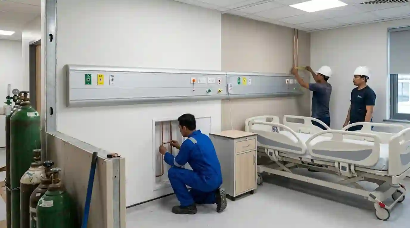 Teknisi memasang panel outlet gas medis di kamar rawat inap yang sedang direnovasi