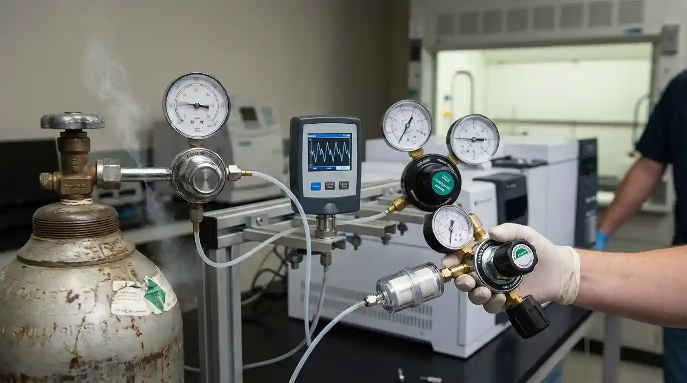 Regulator tekanan gas dengan monitor digital pada instalasi gas laboratorium