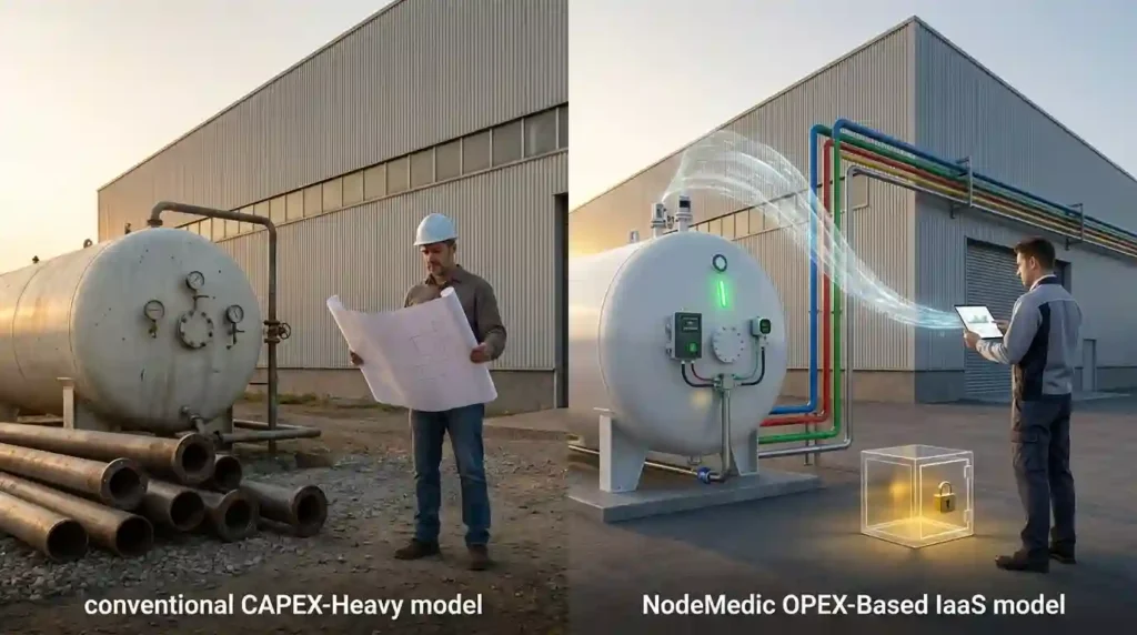 Tabel perbandingan biaya instalasi gas beli putus vs skema zero capex NodeMedic.