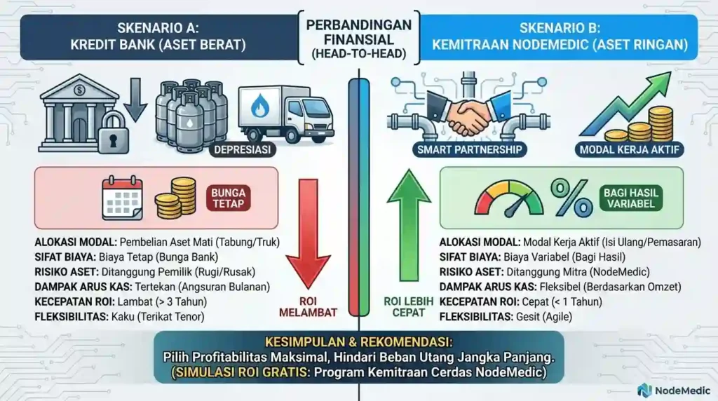Tabel perbandingan finansial skema kredit bank vs kemitraan NodeMedic: Analisis ROI, Cash Flow, dan Risiko Aset