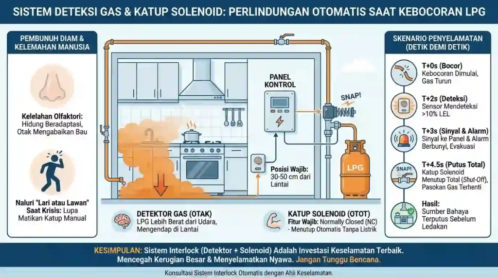 Diagram instalasi gas detector 30cm dari lantai dan solenoid valve normally closed sebagai sistem pemutus otomatis (auto cut-off) pada instalasi pipa gas.