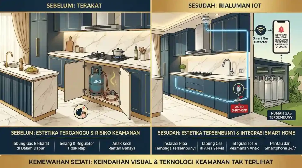 Infografis sistem keamanan gas rumah mewah: Penyimpanan tabung outdoor di area servis, fitur child safety pelindung anak, dan integrasi smart home detector dengan notifikasi kebocoran via aplikasi IoT.