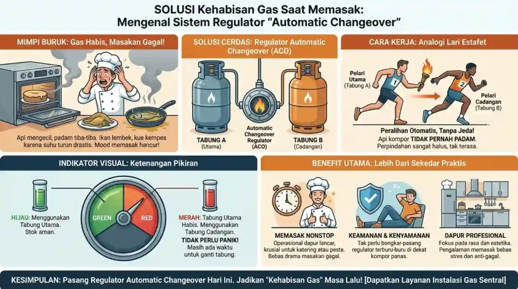 Infografis cara kerja regulator automatic changeover: Solusi gas habis saat masak dengan sistem estafet dua tabung otomatis dan panduan indikator visual merah hijau.