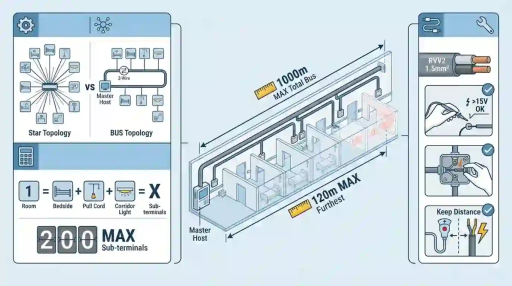 Skema instalasi topologi bus nurse call system: Perbandingan topologi star vs bus, visualisasi jarak terjauh 120 meter di lorong RS, dan tips troubleshooting tegangan kabel.