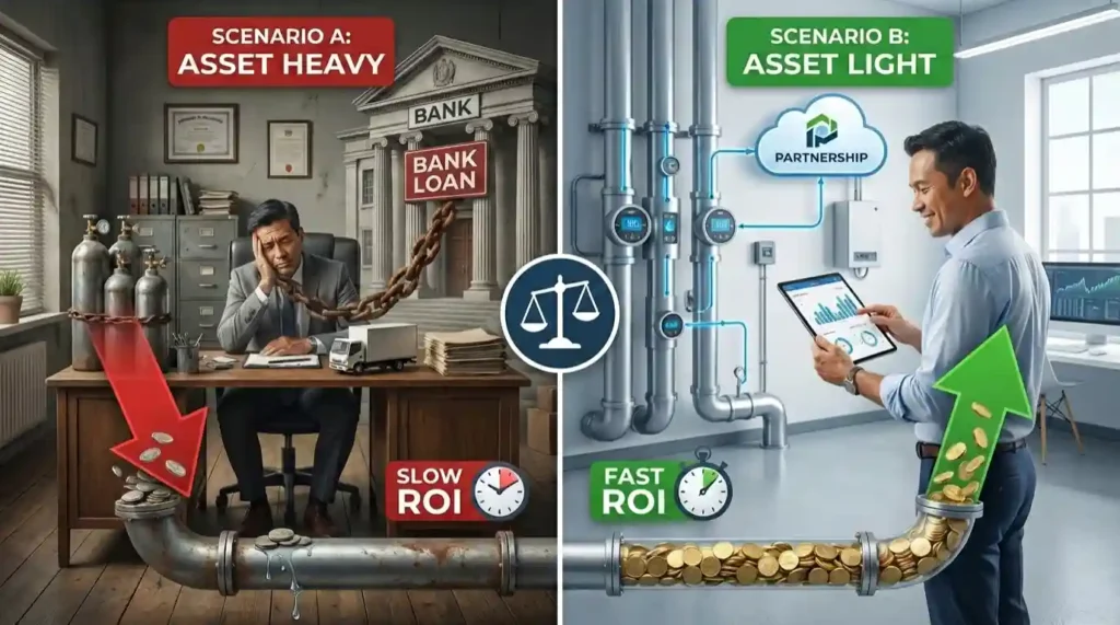 Perbedaan asset heavy loan vs asset light partnership NodeMedic: Percepatan ROI dan kesehatan arus kas bisnis gas.