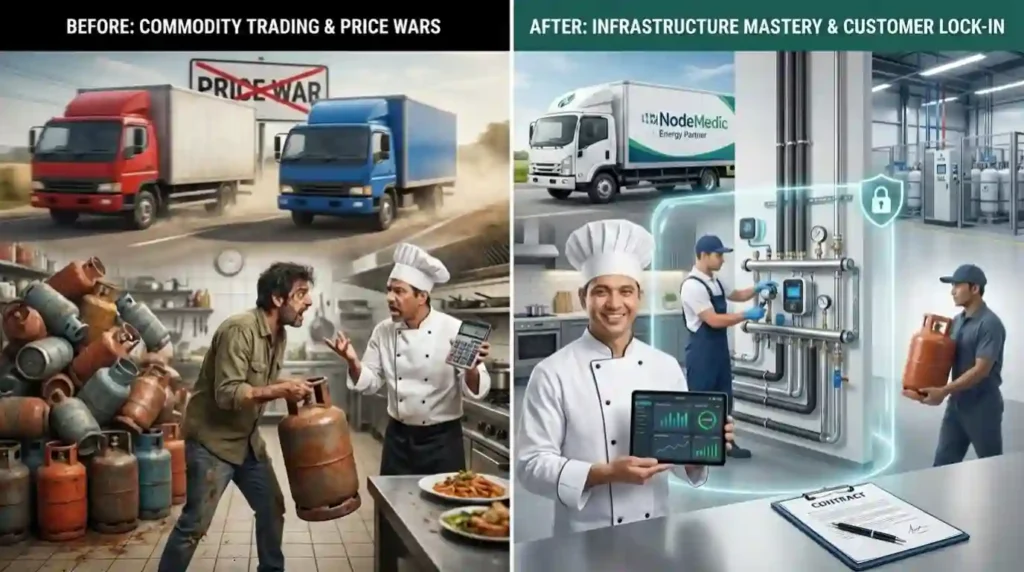 Perbedaan strategi perang harga vs customer lock-in pada bisnis distribusi gas LPG dengan solusi infrastruktur NodeMedic.