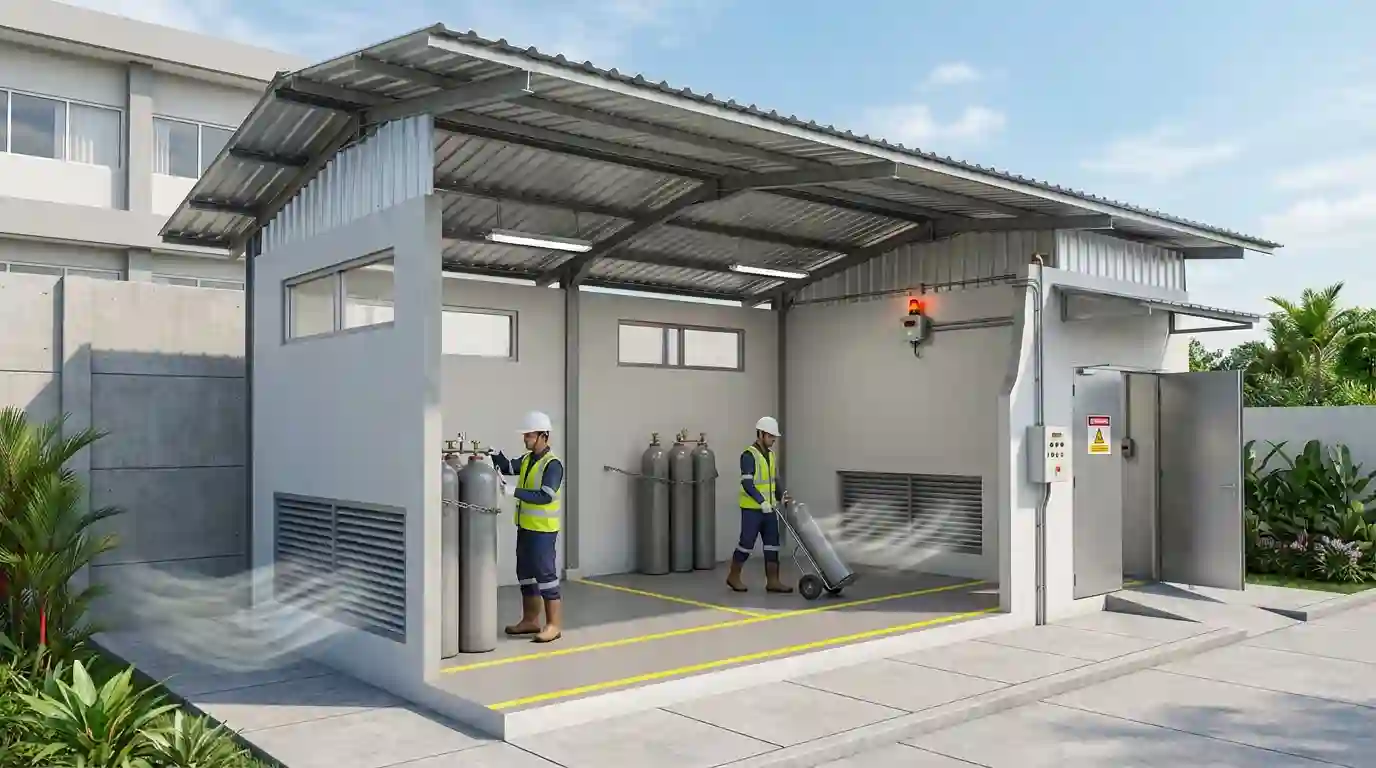 Desain arsitektur gas house standar NFPA 58 dengan konstruksi ventilasi bawah louver, atap ringan rangka baja, dan lantai kerja anti-spark untuk penyimpanan tabung LPG aman.