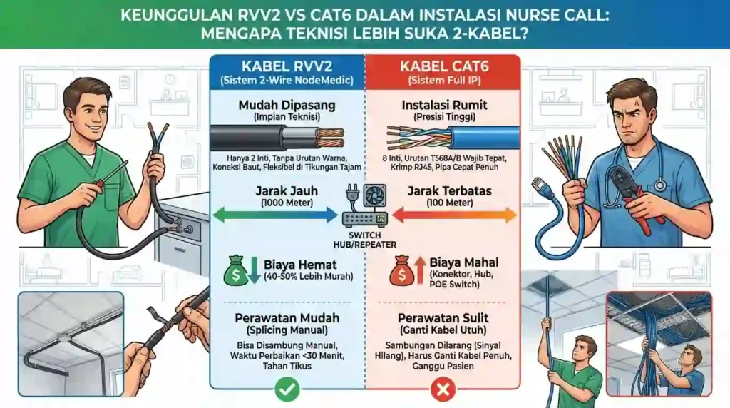 Diagram perbandingan jarak transmisi nurse call system: Keterbatasan kabel LAN CAT6 maksimal 100 meter butuh switch hub versus teknologi 2-wire NodeMedic tembus 1000 meter tanpa repeater.