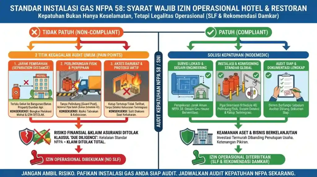 Infografis audit kepatuhan instalasi gas standar NFPA 58: Perbandingan instalasi non-compliant penyebab gagal audit damkar dan klaim asuransi ditolak, melawan solusi NodeMedic yang menjamin legalitas operasional (SLF).