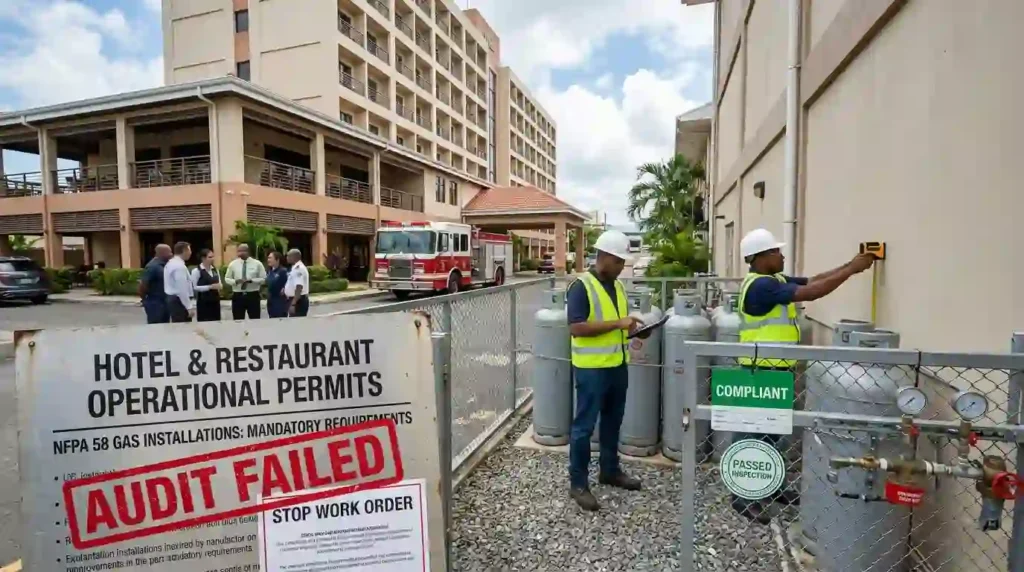 Simulasi inspeksi audit damkar pada instalasi gas hotel: Risiko izin operasional dibekukan dan stop work order akibat pelanggaran jarak aman penyimpanan LPG yang tidak sesuai standar NFPA 58