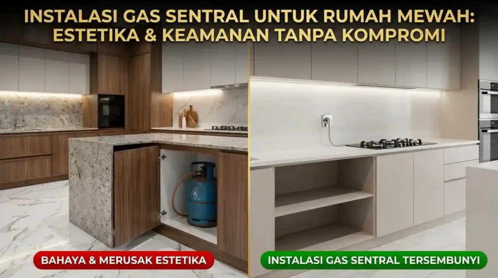 Perbandingan estetika dapur rumah mewah: Sisi kiri tabung gas LPG merusak pemandangan kitchen set, sisi kanan instalasi gas sentral tersembunyi (invisible utility) yang rapi dan elegan