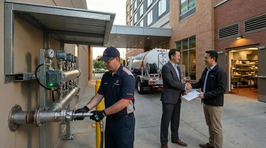 Kemitraan strategis distributor gas B2B: Jabat tangan tanda tangan kontrak infrastruktur jangka panjang sebagai implementasi strategi customer lock-in.