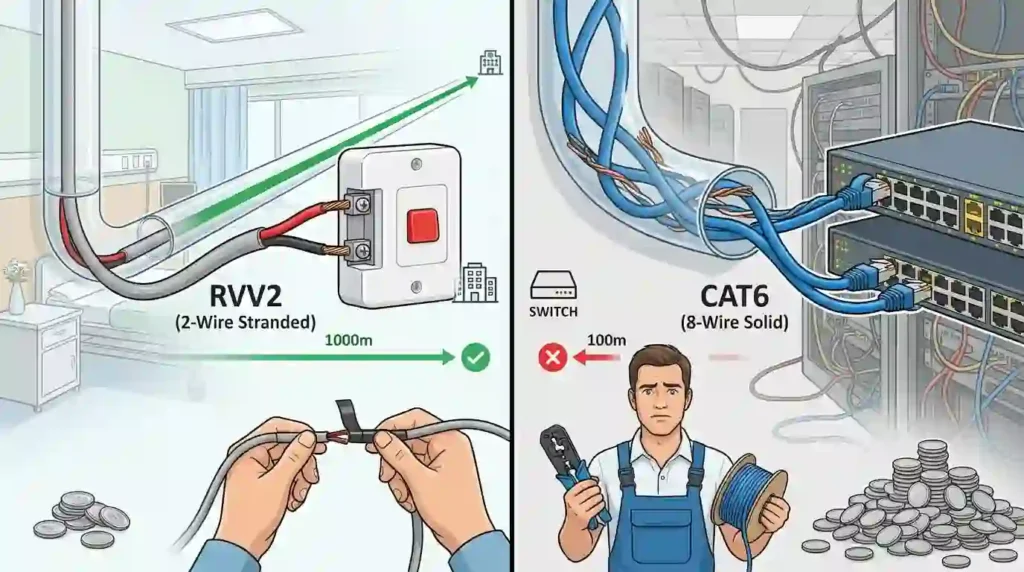Perbandingan fisik kabel nurse call: Kabel LAN CAT6 8-core yang kaku dan rumit versus kabel RVV2 NodeMedic 2-core serabut yang lentur dan mudah diinstalasi.