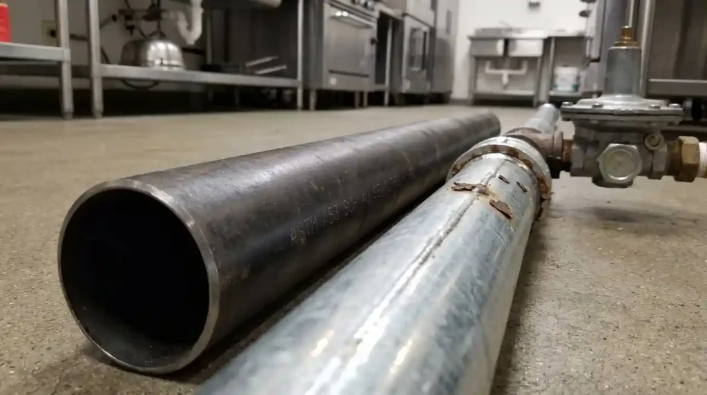 Perbandingan visual fisik pipa gas: Sisi kiri menunjukkan Pipa Seamless Schedule 40 (ASTM A53) yang mulus tanpa sambungan, sedangkan sisi kanan menunjukkan Welded Pipe standar dengan garis sambungan las yang berisiko bocor untuk tekanan LPG.