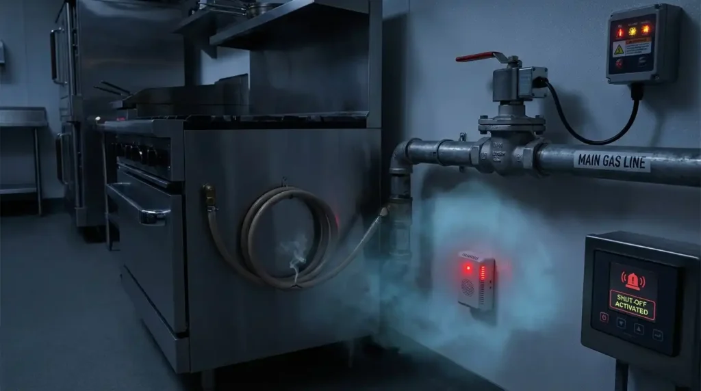 Visualisasi sistem keamanan aktif dapur komersial: Gas detector mendeteksi kebocoran LPG dan panel kontrol mengaktifkan solenoid valve shut-off otomatis untuk mencegah ledakan saat tidak ada orang.