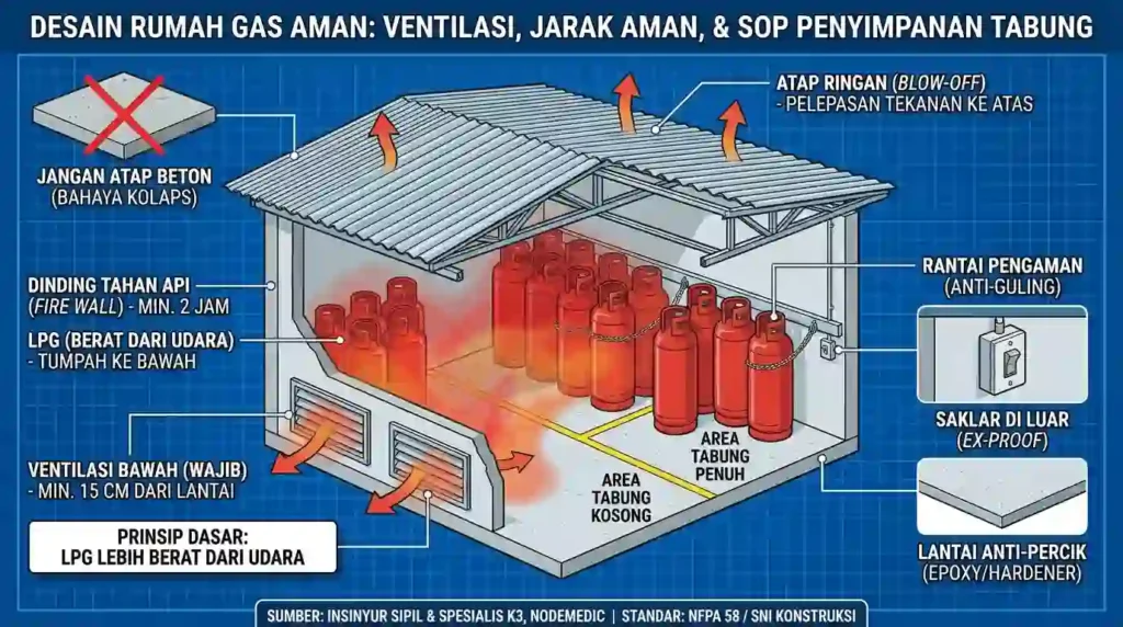 Diagram teknis sistem ventilasi gudang gas LPG: Ilustrasi prinsip berat jenis gas LPG turun ke bawah, detail atap blow-off untuk mitigasi ledakan, dinding fire wall, dan sirkulasi udara cross ventilation