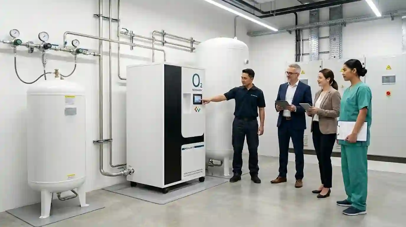 Teknisi menjelaskan sistem generator oksigen medis NodeMedic kepada tim manajemen dan tenaga medis rumah sakit