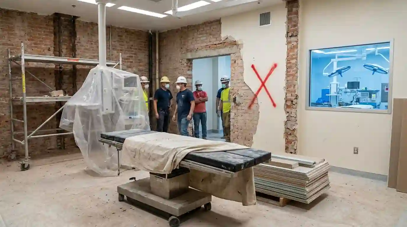 Tim konstruksi meninjau ruang operasi rumah sakit yang sedang direnovasi, dengan jendela pandang ke ruang operasi baru di sebelahnya